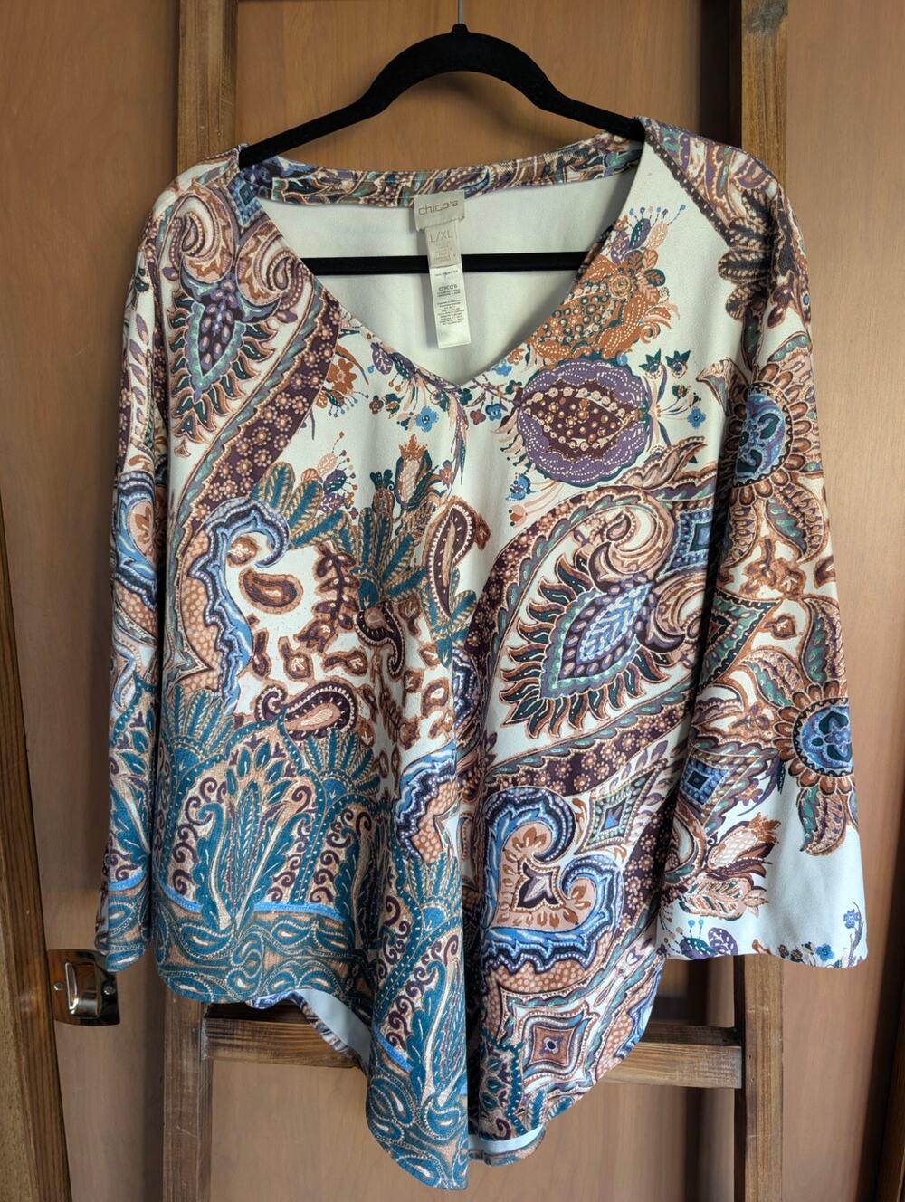 Chico's Paisley Feather Cape Poncho Boho Size Large XL Flowy